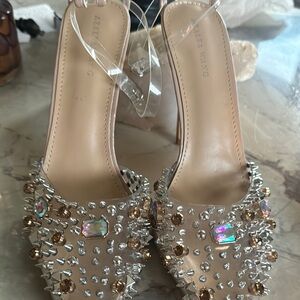 Elegant Silver and Tan Embellished Heels